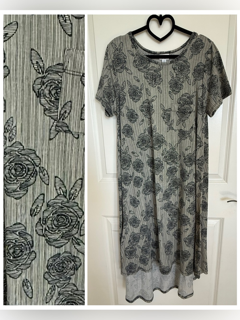 Lularoe Carly- Floral Striped Midi Dress in Gray and Black